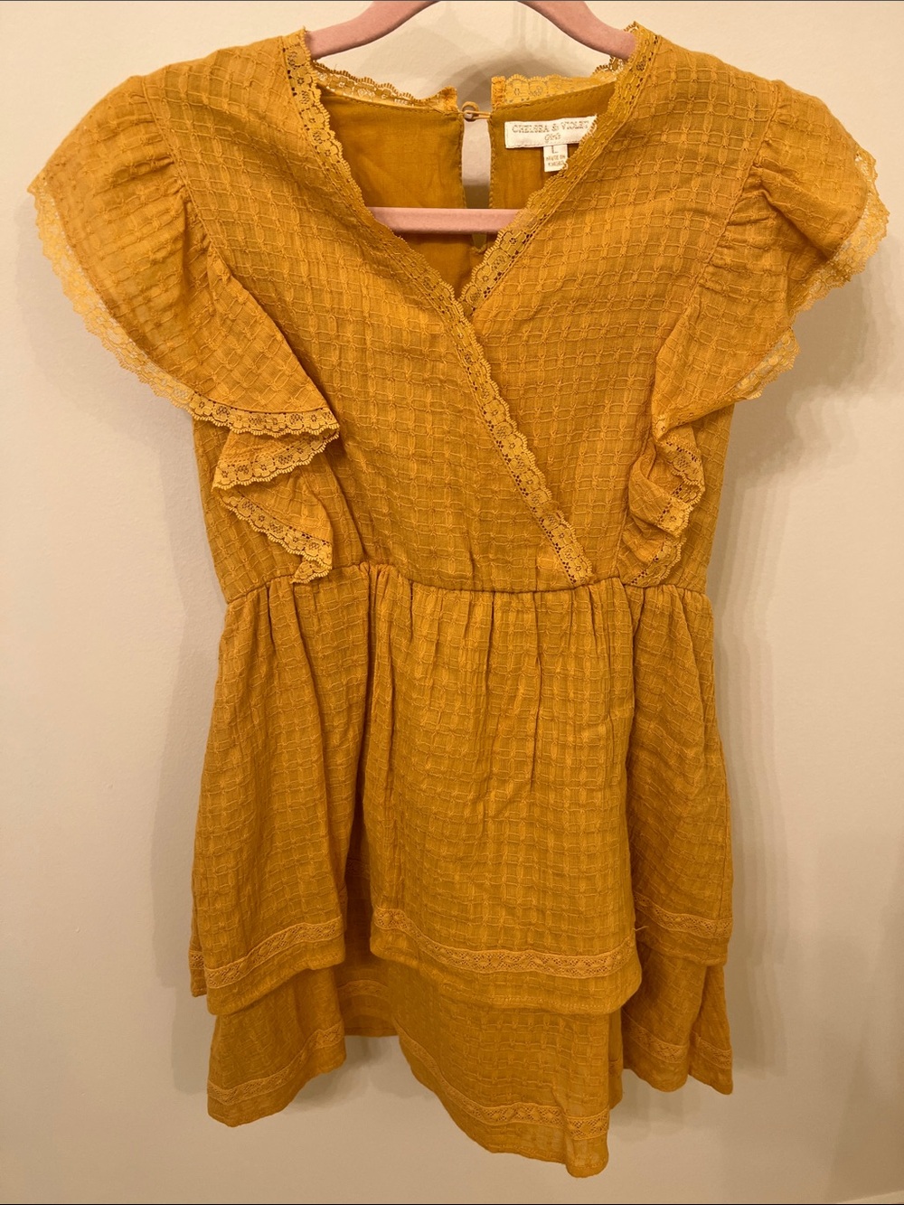 Girls Chelsea & Violet Mustard Textured Ruffle Dress